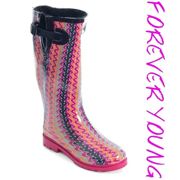 Women's Rainboots, Faux Fur Lined Rain Boots, #1525, Zigzag - Picture 1 of 4